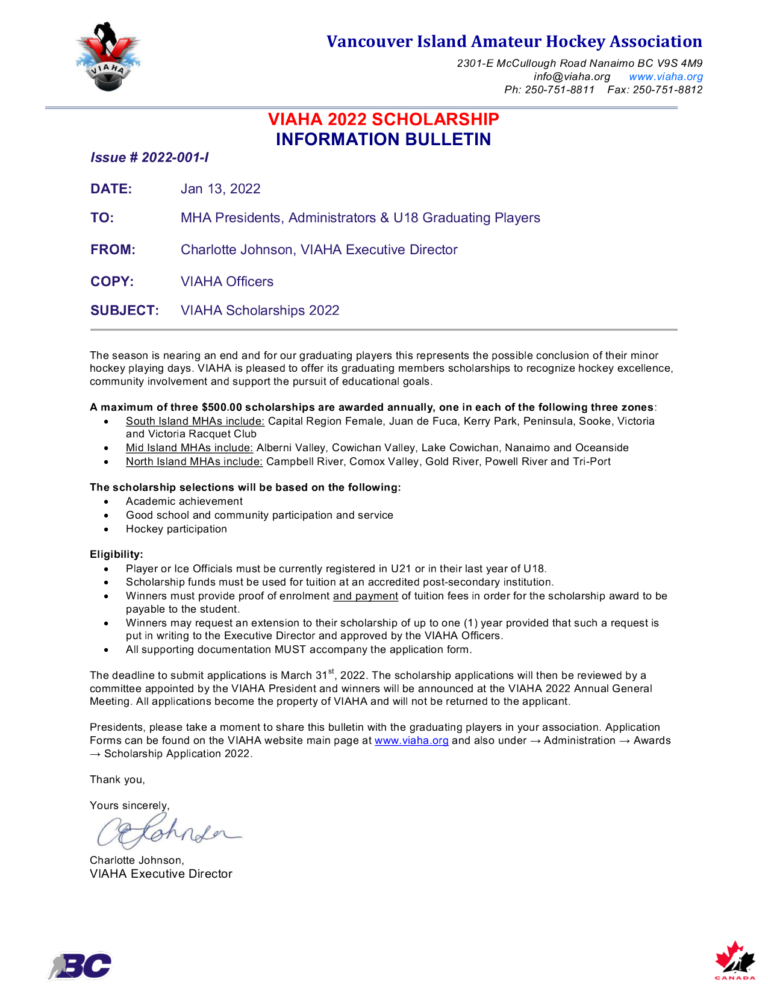2022 VIAHA Scholarship Alberni Valley Minor Hockey Association